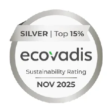 Médaille EcoVadis portant les mentions « SILVER | Top 15 % », « ecovadis », « Sustainability Rating » et « NOV 2025 »