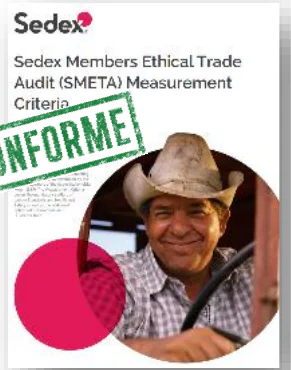 Couverture du document Sedex « Sedex Members Ethical Trade Audit (SMETA) Measurement Criteria », barrée d’un tampon vert « CONFORME ».